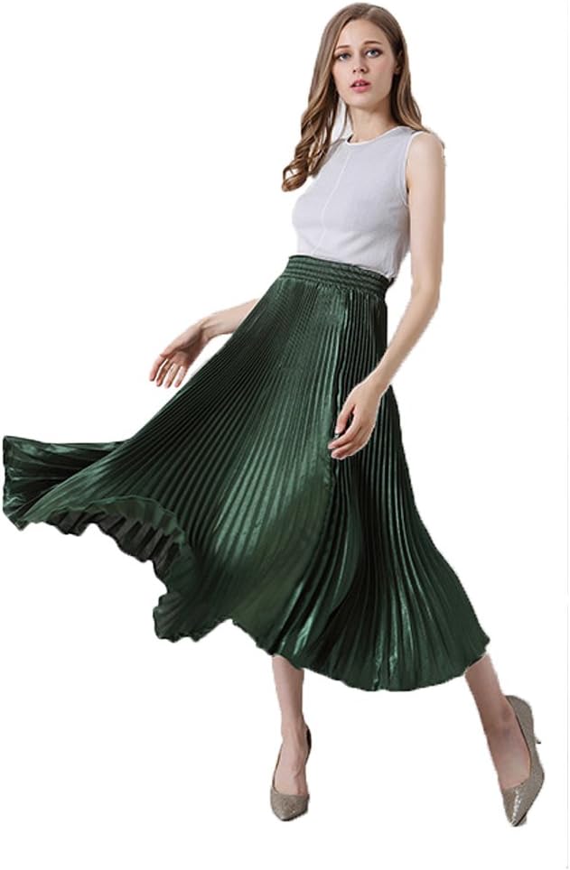 Eorish Women's Vintage Elegant Pleat Elastic Waist Long Skirt (US 0-6, Green)