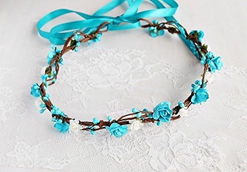 Turquoise Rose Crown, Beach Hair Accessory, Bridal Flower Headband, Boho Head Wreath, Woodland Halo