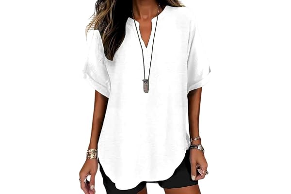 Womens Cotton Like Linen Texture Tops Casual Half Sleeve Crew V Neck Blouse Shirt Loose Fit Breathable Summer Tee