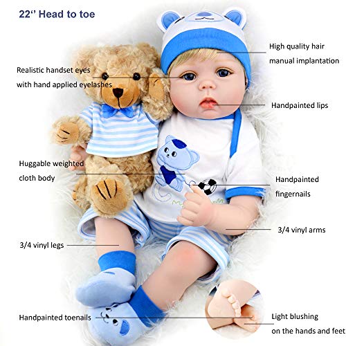 Aori Lifelike Reborn Baby Boy Doll 22 Inch Handmade Weighted Reborn Baby Doll with Bear Toy