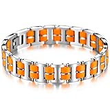 MOWOM Silver Tone Orange Stainless Steel Rubber Bracelet Link Wrist I Rectangular