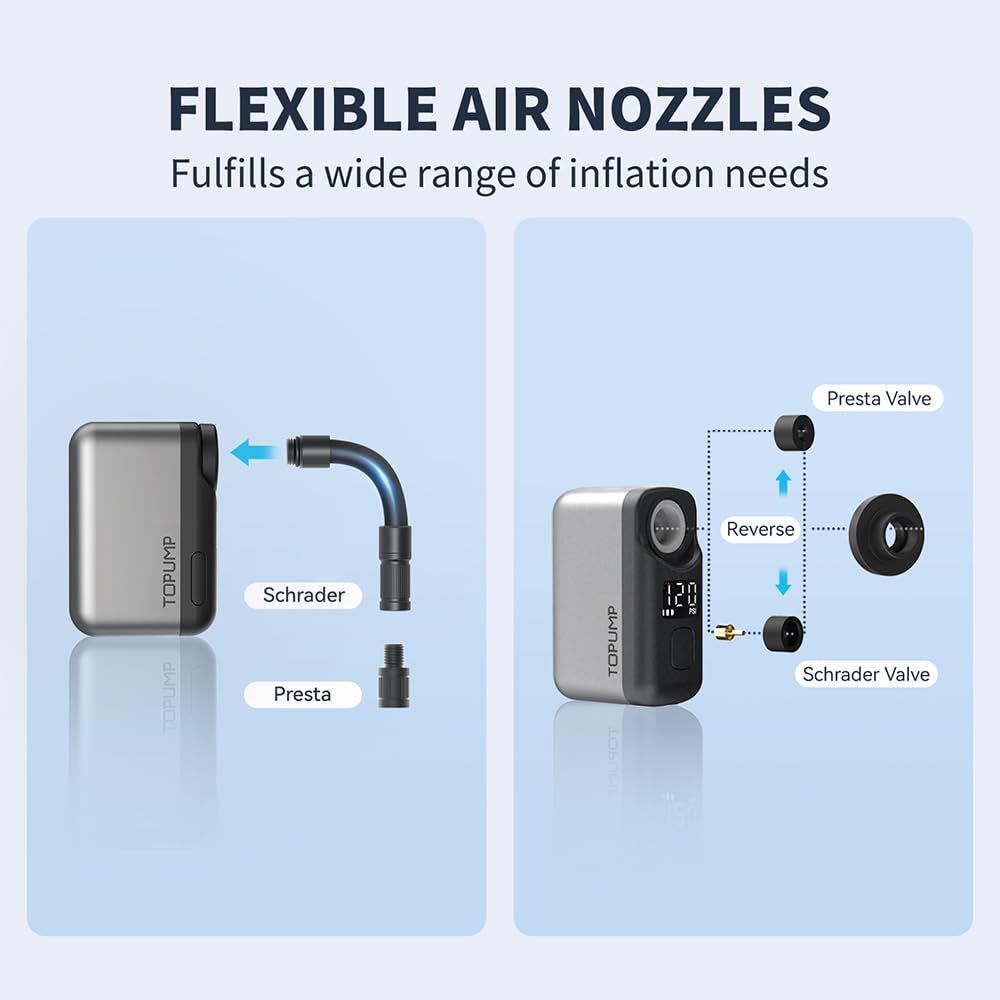 TOPUMP Mini Fahrradpumpe, Elektrische Fahrradluftpumpe mit Manometer, Ultrakleine 120PSI Akku Fahrradpumpe mit Presta und Schrader-Ventil, Auto Stopp, für Rennrad, Mountainbike und Stadtrad 7