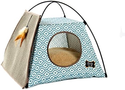Trendy Pet Cat Tent with Attached Cat Scratcher | Removable Bolstered Microfiber Pillow - 21in x 21in x 18.5in - Sea Blue