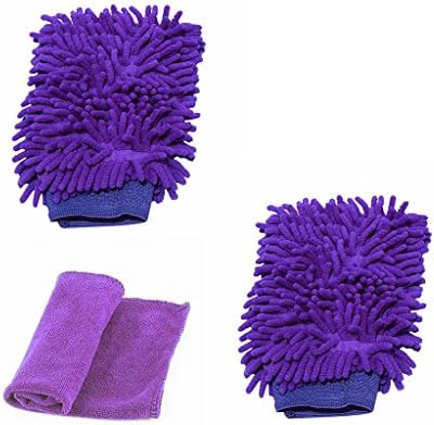 Qbreloh Microfiber Car Wash Mitt(2 Pack), Premium Chenille Soft Auto Wash Glove - Lint Free, Scratch Free, Regular Size Glove Mitt with A Car Wash Towel Purple