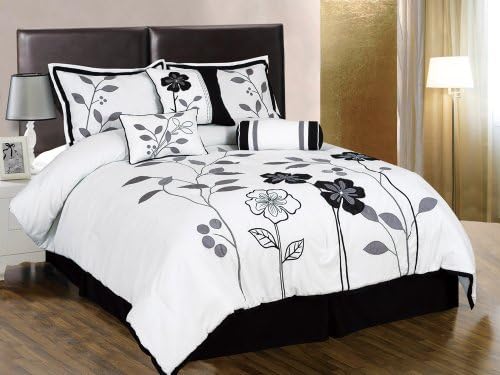 Chezmoi Collection 7-Piece White, Grey and Black Lily with Leaf Applique Duvet Cover Set, Queen Size Bedding