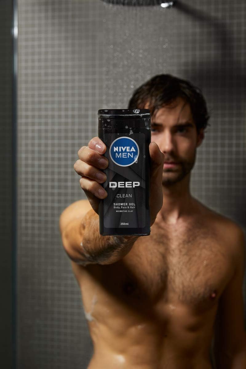 NIVEA MEN Deep Shower Gel Pack of 6 (6 x 250ml), Face, Hair & Body Wash Black Charcoal Shower Gel, 24H Deeply Cleansing and Invigorating Men's Shower Gel - Image 4