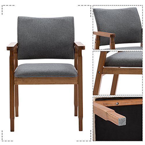 Set of 2 Mid Century Modern Dining Chairs Wood Arm Gray Fabric Kitchen Cafe Living Room Decor Furniture - Thumbnail 2
