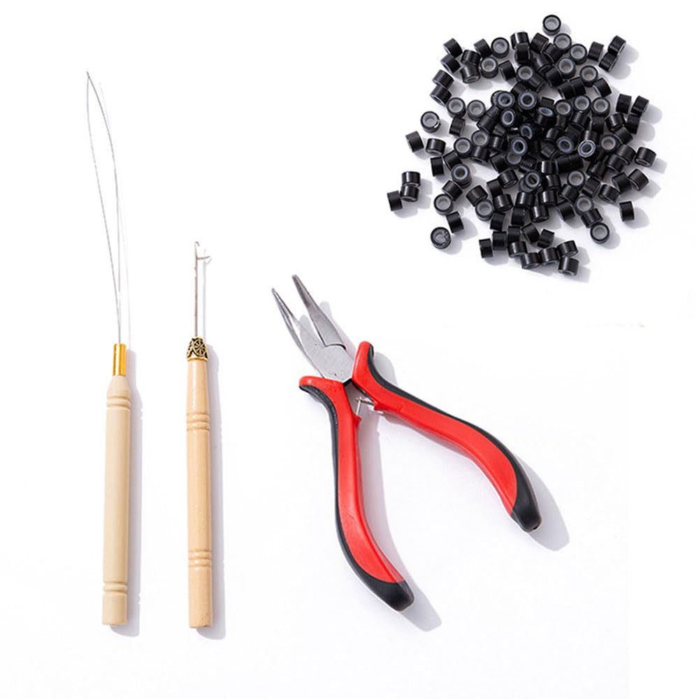 Hair Extensions Tools Kit with 200pcs Silicone Nano Beads Links,Professional Tools Hair Extension Pliers and Loop Threader for Extending Hair Wearing Feather Accessories Barber or Diy (Black)