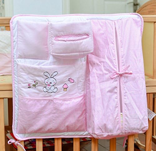 IDecHome Nursery Diaper Hanging Bed Organizer, 100% Cotton Bedside Caddy for Baby Crib, Pink Rabbits