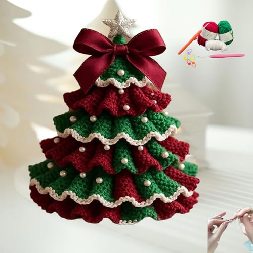 DIY Crochet Christmas Tree Kit,2026 News Handmade Holiday Decoration Set,Beginner Christmas Kit,Tree Bow Pearl Embellishment,Christmas Craft Kit with Yarn Hook Beads Instructions(Red & Green)
