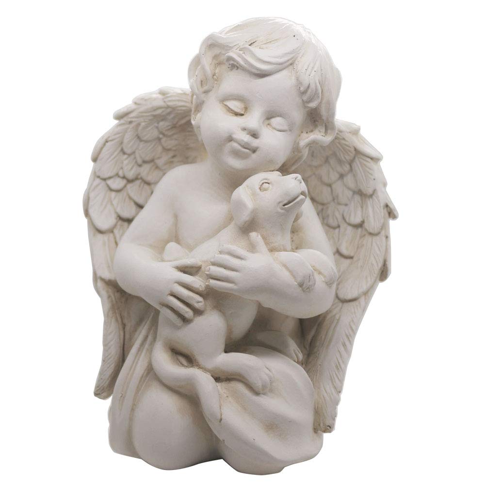 Angel with Dog Statue Pet Dog Memorial Statue Indoor Outdoor Home Garden Guardian Rememberance Dog Puppy Figurine, 7 inch