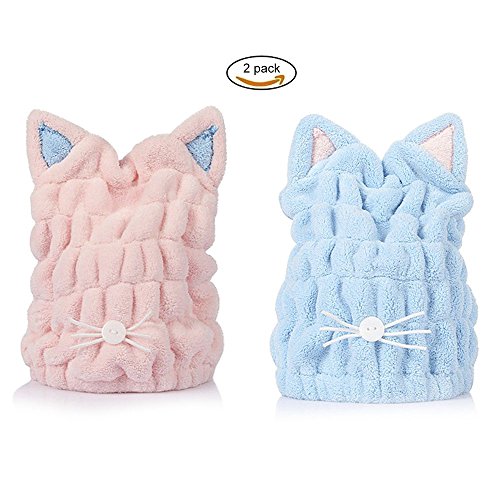 2 Pack Yingte Hair Dry Towel with Microfiber Super Absorbent Hair Drying Towel Cute Cartoon Cat Hair Cap