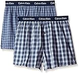 Calvin Klein Men's Woven Boxer, Solid Navy/Navy Plaid, Medium (Pack of 2)