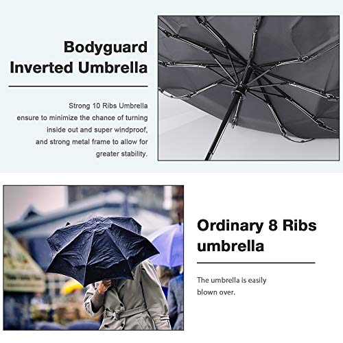 Bodyguard Inverted Windproof Umbrella with Teflon Coating, 10 Ribs Auto Open and Close Travel Umbrella, Portable Reverse Umbrellas with Leather Cover - Thumbnail 3
