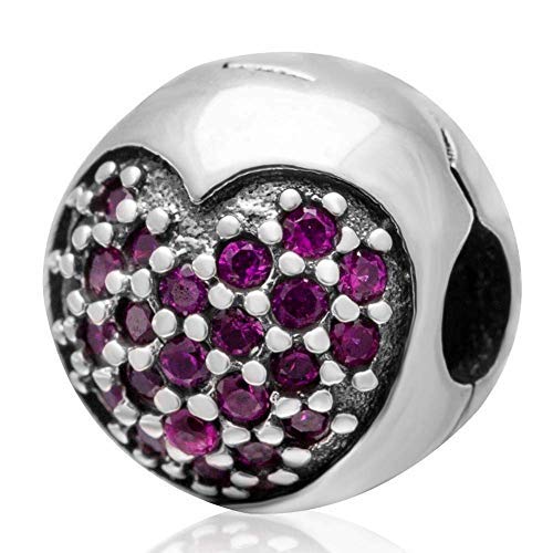 925 Sterling Silver Zircon Clip Stopper Charm My Love Stopper Charm Spacer Charm for Pandora Charm Bracelet (Red)