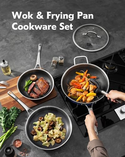 SNOWCLAD Wok 30 cm & Frying Pan 24+28 cm, Hybrid Wok Non Stick and Frying Pan Set, Stainless Steel Non-Stick Pan with Lid, Suitable for All Hob Types, PFOA Free
