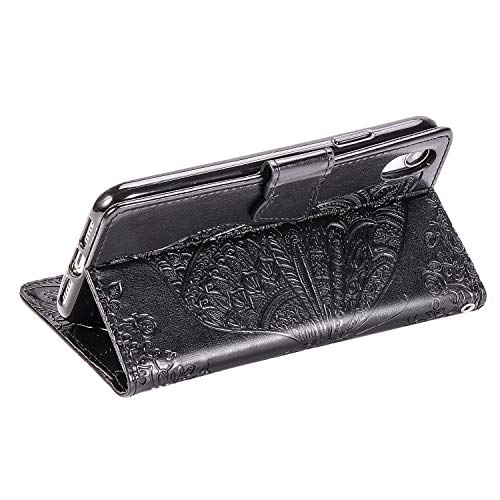 Case for iPhone Xs Max Cover,Embossing Mandala Butterfly Rose Vine Flip Folio Wallet Case PU Leather Stand Card Slots Protective Case Cover + Dust Plug Stylus for iPhone Xs Max Wallet Case,Black - Thumbnail 2