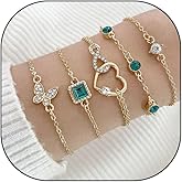 5Pcs Gold Chain Statement Bracelet for Women Green Crystal Tiny Rhinestone Bracelet Vintage Infinity Butterfly Heart Bracelet Dainty Jewelry Gift