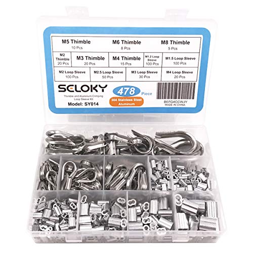 Seloky 478 Pcs M2/3/4/5/6/8 304 Stainless Steel Wire Rope Cable Thimbles and 6 Sizes Aluminum Crimping Loop Sleeve Assortment Kit