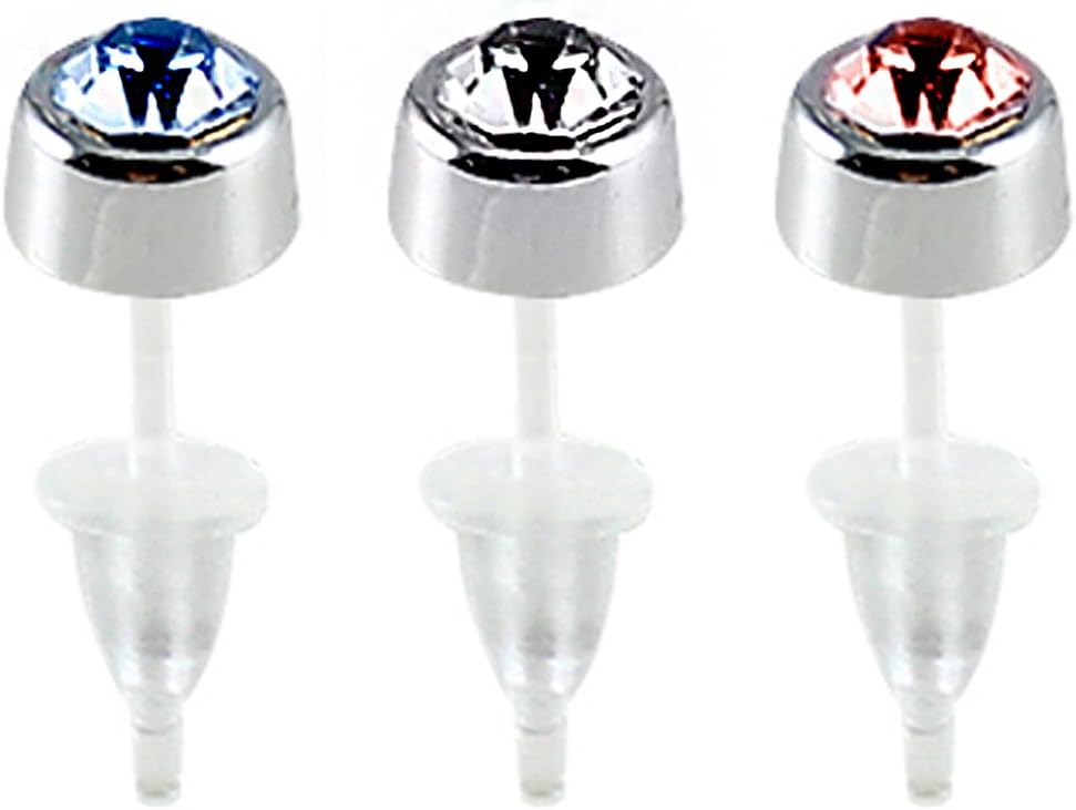Solitaire round stud earrings - size 5MM - hypo allergic UPVC posts - white gold plated so looks like real - you get one pair each colour - easy to wear, suitable for everyday wear