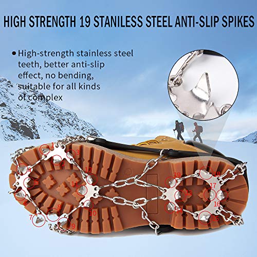 Vdealen Crampons for Hiking Boots, 19 Teeth Stainless Steel Anti-Slip Traction Ice Cleats, Slip-Resistant Snow Ice Spikes,Crampons,Ice Snow Grips for Walking on Ice Snow (Dark Black, L(41-44))