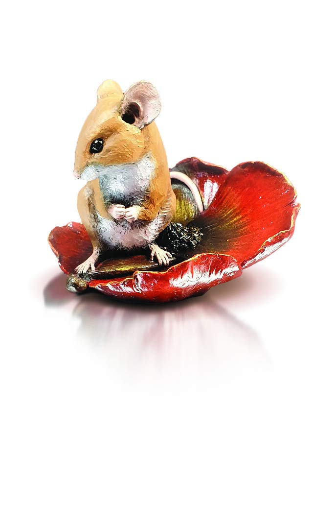 Richard Cooper Studio Cold Cast Bronze Mouse sitting in Red Poppy - Hand Painted by Michael Simpson