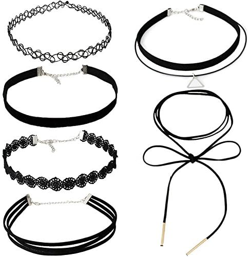 MJSCPHBJK 6 Pieces Choker Necklace Set Stretch Velvet Classic Gothic Tattoo Lace Choker Necklaces, Black (Black)