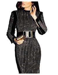 Whoinshop - Vestido de mujer, cuello alto, manga larga, malla y vendaje elegante