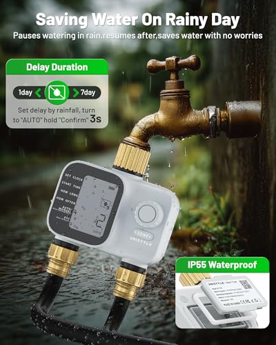 [2026 All-New] Water Timer 2 Zones, Unistyle Hose Timer 2 Outlets for Sprinkler Irrigation, Brass Inlet, Easy to Set up, Precise Control, Auto/Manual/Delay Modes for Garden Watering
