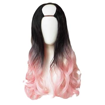Amazon Com Pink Black 65 Cm U Shape 2 Tone Long Curly Hair Wig