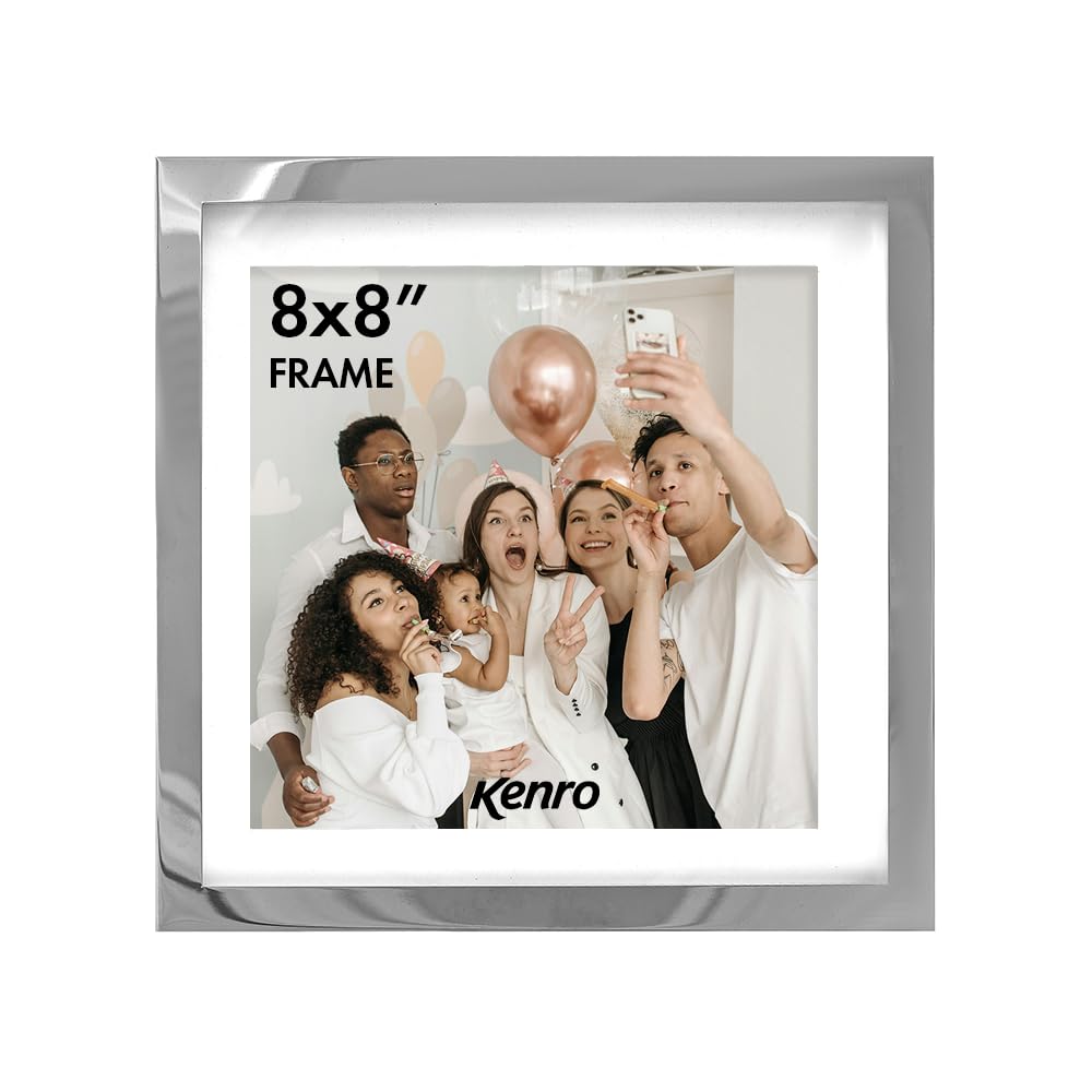 Kenro Eden Delicate Polished Silver Metal Photo Frame with Ivory Mount (8x8 Inch / 20x20cm) - Luxury Silver Picture Frame with Black Easel Back (Gift Box Included)