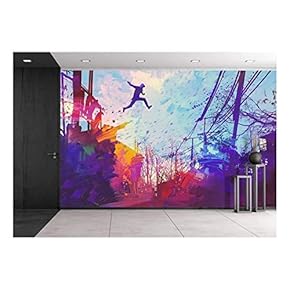 Man Jumping on The Roof in City with Abstract Grunge,Illustration Painting - Removable Wall Mural | Self-Adhesive Large Wallpaper - 66x96 inches