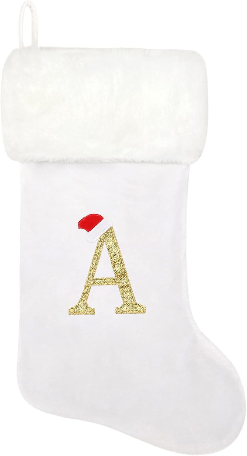 Stockings & Holders - Tokforty 20 Inches White Velvet with White Super Soft Plush Cuff Monogram Christmas Stockings, Xmas Personalized Embroidered Letter Stockings for Family Holiday Decorations and Xmas Tree Fireplace（A）