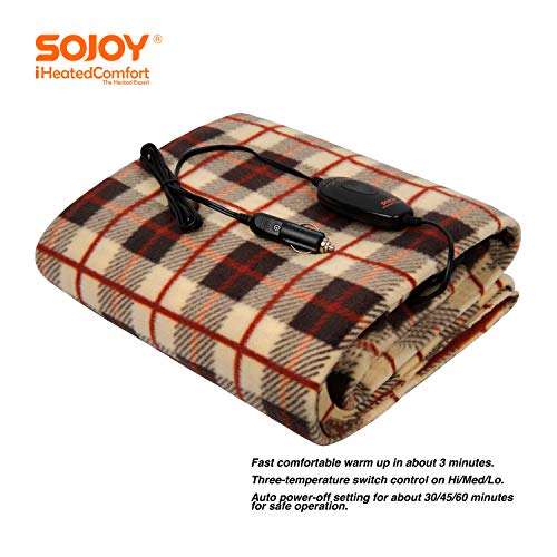 Sojoy 12V Heated Smart Multifunctional Travel Electric Blanket for Car, Truck, Boats or RV with High/Low Temp Control (60"x 40") (Checkered Cream & Tan)