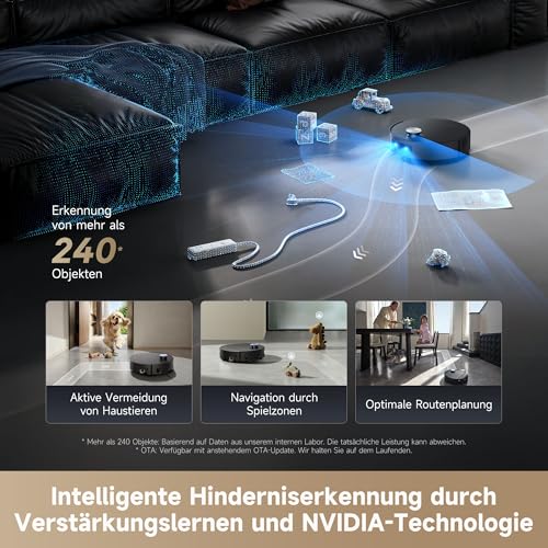Aqua10 Ultra Roller Complete Saugroboter mit Wischfunktion, 30.000Pa Saugkraft, 8 cm Hindernisfreiheit, Selbstreinigung der Rollen, automatisches Entleeren, intelligente Sprachsteuerung Schwarz