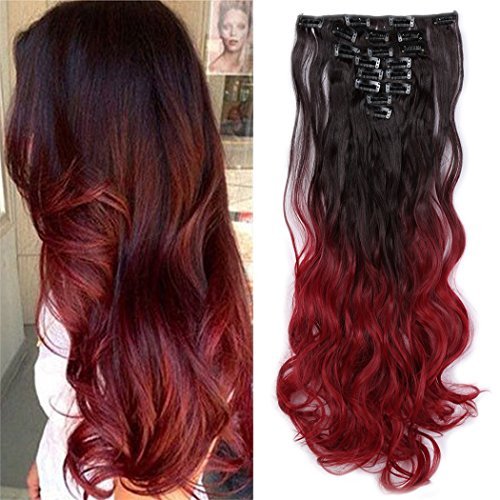 Lady Fashion Mall 24 Curly Dark Brown To Dark Red 8pcs Clip In