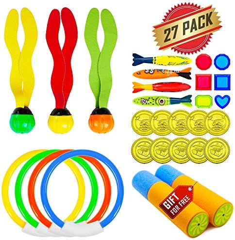 ELifeBox 27 Pack Underwater Swimming/Diving Pool Toy Set with Two Free Water Blaster Gun - Diving Torpedos Bandits/Rings/Seagrass Pool Toy, Pirate Treasure Diamond, Gold Coin for Summer Pool Use