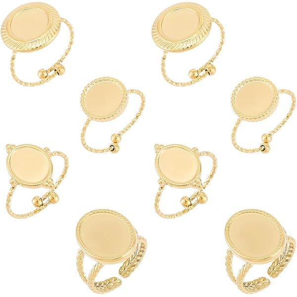 20Pcs Ring Blank Bases 18K Gold Plated - Adjustable Open Cuff Ring Settings With Rectangle Trays