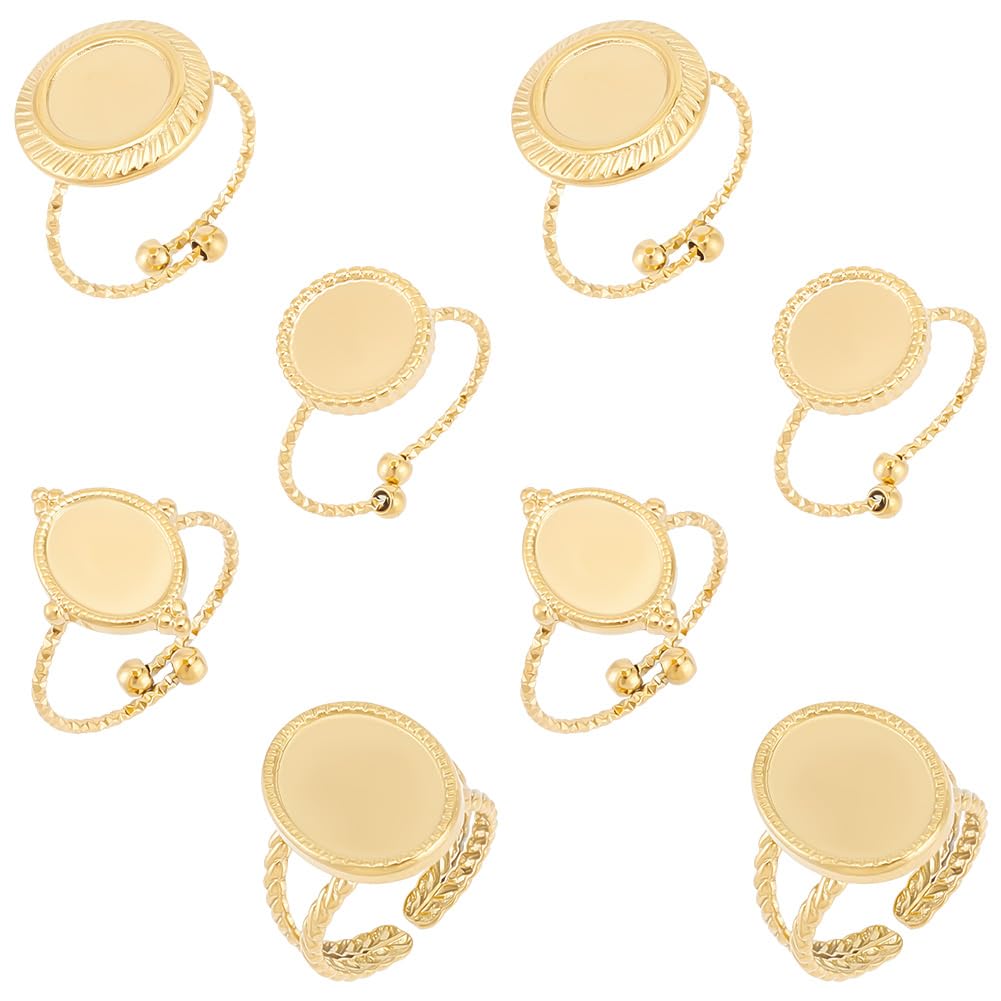 UNICRAFTALE 8Pcs 4 Styles Real 18K Gold Plated Open Cuff Ring Round Oval 304 Stainless Steel Blank Dome Finger Rings Carving Pattern Bezel Cup Open Ring Findings for Ring Jewelry Making 17mm