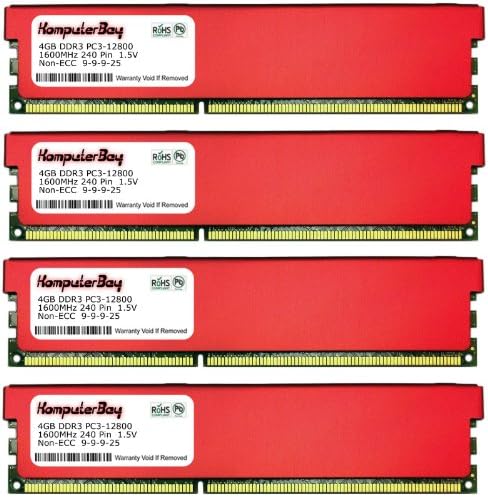 Komputerbay 16GB (4x 4GB) DDR3 DIMM (240 pin) 1600MHz PC3-12800 Desktop RAM with Red Heatspreaders for extra cooling CL 9-9-9-25 1.5V - XMP Ready