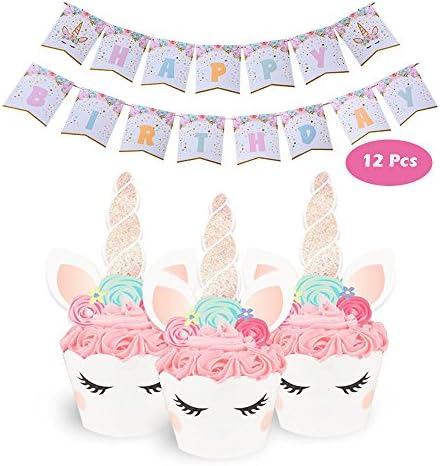 Unicorn Cupcake Toppers and Wrappers + Unicorn Themed Party Favors Happy Birthday Bunting Banner, for Birthday Party Supplies &amp; Baby Shower Decorations