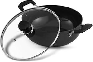 Vinod Black Pearl Hard Anodised Deep Kadai – 26cm, (4.3 Qt) Wok with Glass Lid | Metal Spoon Safe & Even Heat Distribution | 