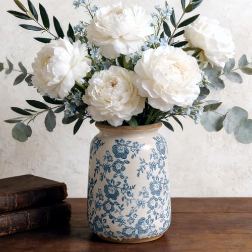 Ronasip Vintage Blue and White Chinoiserie Ceramic Vase, 6.9” Hand-Painted Peony Floral
