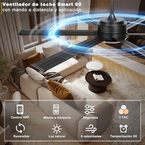 Ohniyou Ventilador de Techo con Luz, Ventilador de Techo Industrial de 60 Pulgadas con Control Remoto y APP, Regulable, Motor de CC, Ventilador de Techo Grande para Patio Sala de Estar, Negro