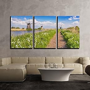 3 Piece Canvas Wall Art - a Path Along Traditional Dutch Windmills on a Bright and Sunny Day - Modern Home Art Stretched and Framed Ready to Hang - 16"x24"x3 Panels