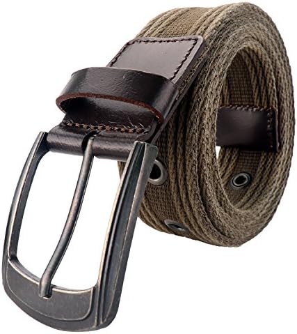 Men's Military Water-Washed Canvas Waist Web Belt Leather Tipped End and Silver Metal Buckle (X-Large(42-44), Brown)