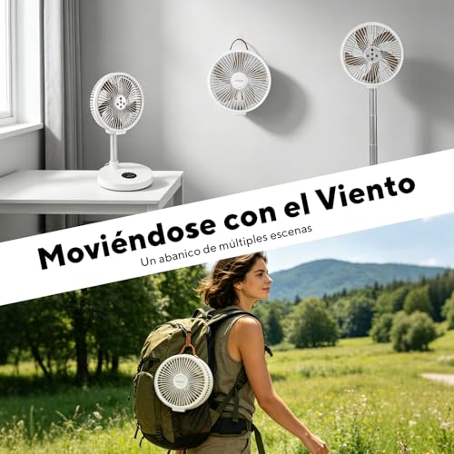 CROSPIN Ventilador Portátil Recargable 10000mAh 12 Pulgadas, Plegable y Telescópico de Pie y Escritorio, Oscilación 90°, 6 Velocidades, Control Remoto, Luz Nocturna, Temporizador, Silencioso