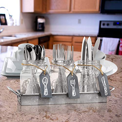 Flatware Caddy Organizer Cutlery Holder - 3 Glass Mason Jars in Galvanized Tray with Handles & Chalk-Tags | Utensil Farmhouse Silverware Caddy For Table | Ideal For Kitchen Countertop, Party, Dining,