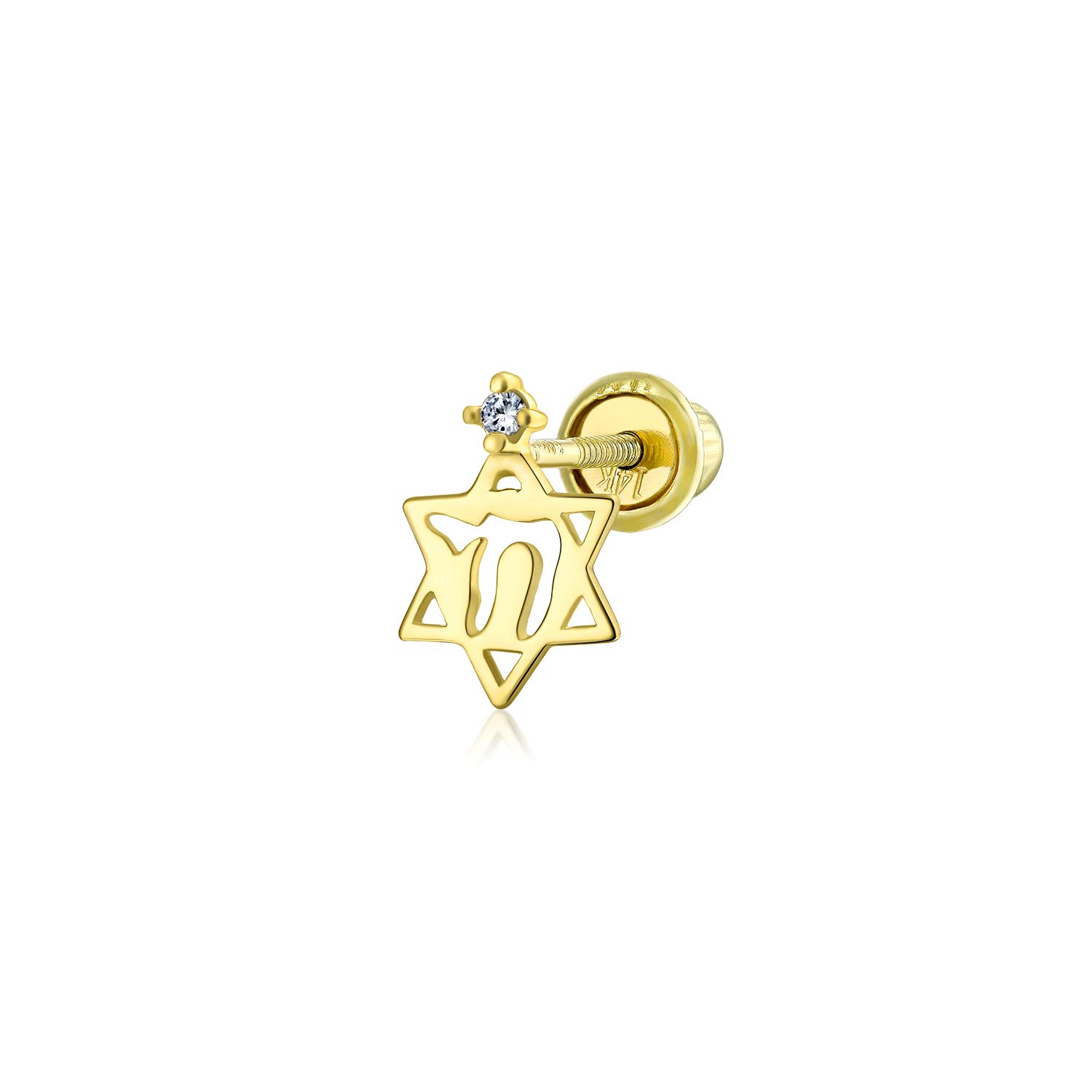Tiny Petite Judaic Jewelry CZ Accent Real Yellow Gold Hebrew Chai Life Star Of David Judaic Cartilage Ear Lobe Piercing Stud Earring For Women Teen For Bat Mitzvah Secure Screw Back — image 1