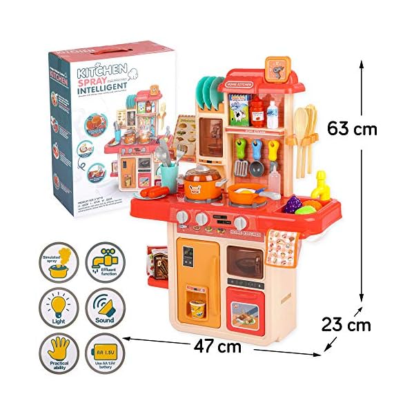 Kinderplay Kinderküche, Spielküche – Küche Spielzeug, Licht, Ton, Wasser, Wasserdampf Kochen Imitierend, 42 Accessoires… – Bild 4